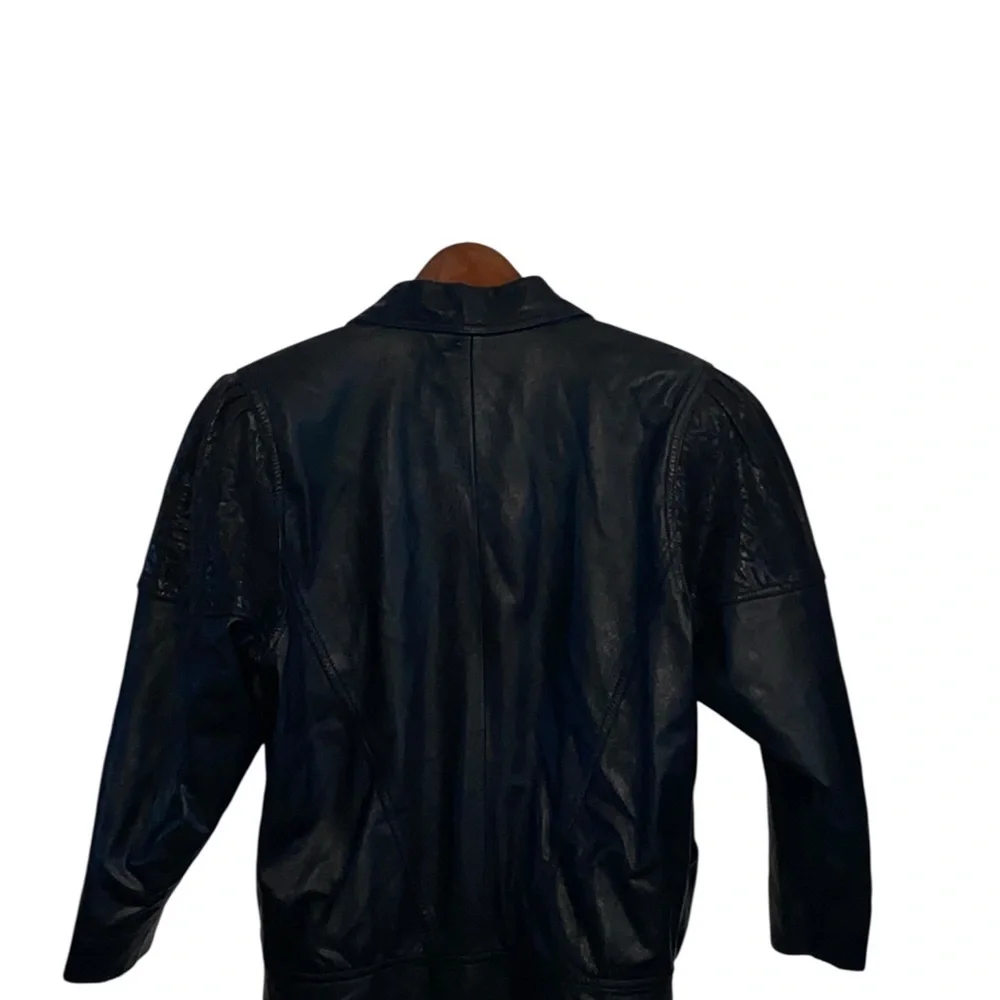 Vintage 80s 90s  Black Leather Jacket shoulder pads Animal Print Detail